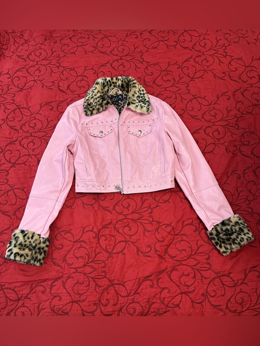 dELiA*s Pink Faux Leather Jacket with Leopard-Print Trim